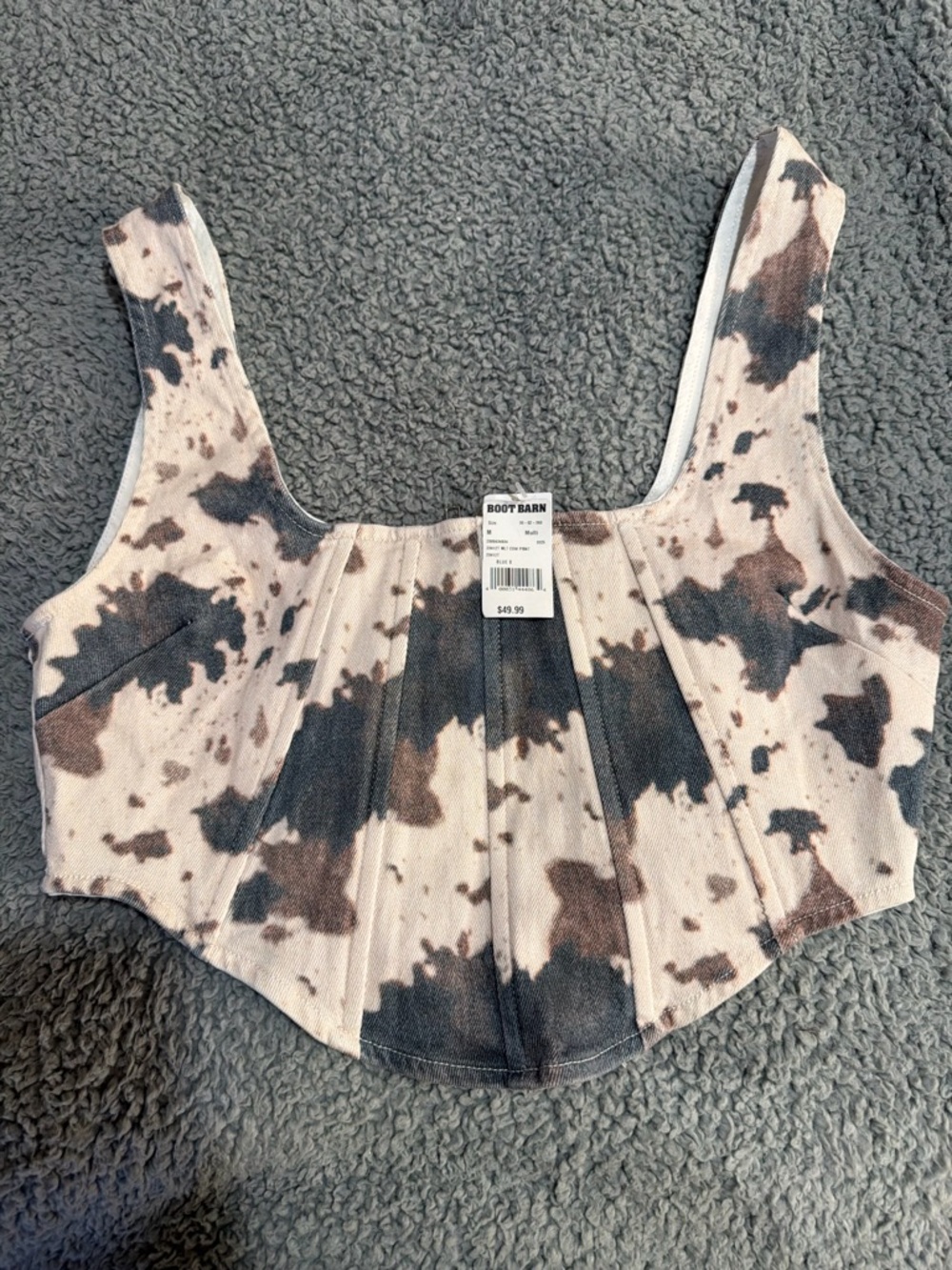 Boot Barn Cowprint Ribbed Crop Tank in Cream and Brown